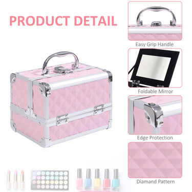 HOMCOM 3 Tier Diamond Texture Makeup Case Train Case Cosmetic Organizer with Mirror, Pink