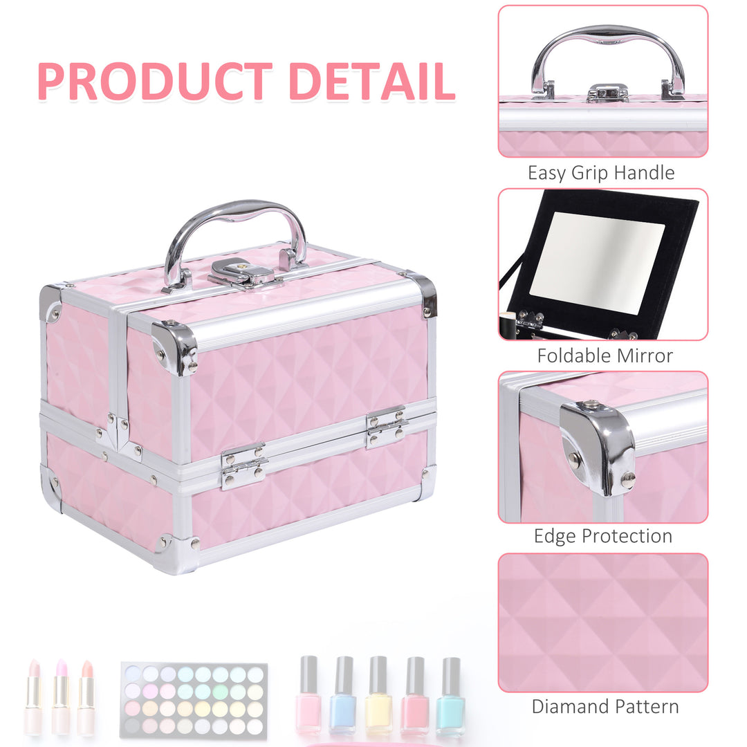 HOMCOM 3 Tier Diamond Texture Makeup Case Train Case Cosmetic Organizer with Mirror, Pink