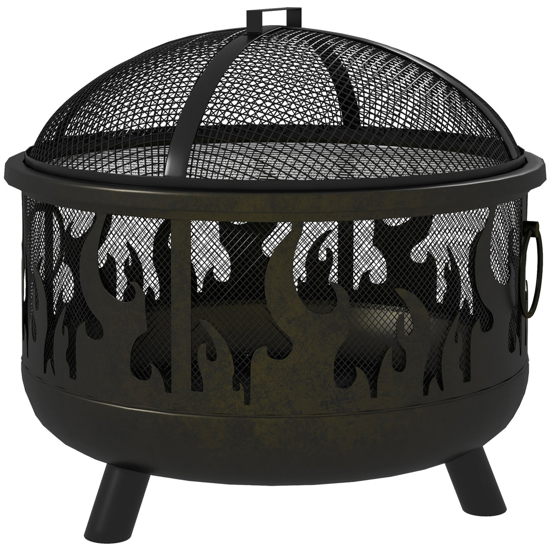 Outsunny Outdoor Metal Fire Pit, 24" Round Firepit Bowl w/ Lid Grill Poker Handles for Garden, Camping, BBQ, Bonfire, Black