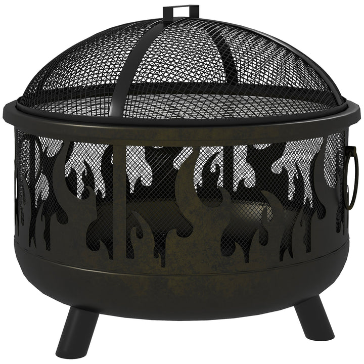 Outsunny Outdoor Metal Fire Pit, 24" Round Firepit Bowl w/ Lid Grill Poker Handles for Garden, Camping, BBQ, Bonfire, Black