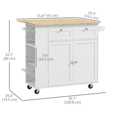 HOMCOM Kitchen Island with Power Outlet and Drop Leaf, Rolling Kitchen Cart with 2 Drawers and Adjustable Shelves, White