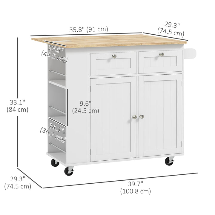 HOMCOM Kitchen Island with Power Outlet and Drop Leaf, Rolling Kitchen Cart with 2 Drawers and Adjustable Shelves, White