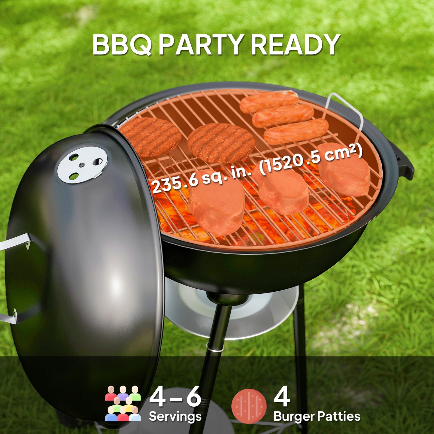 Outsunny 17" Kettle Charcoal BBQ Grill with BBQ Accessories, Barbecue Grill with Shelf, Ash Catcher, Wheels, Handles for Outdoor Cooking, Patio Backyard Party, Black