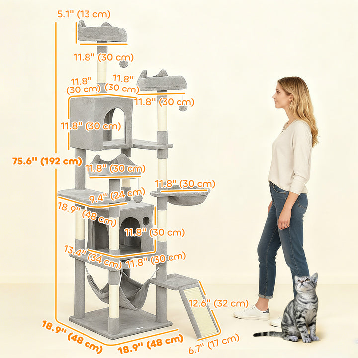 PawHut 76" Large Cat Tree for Indoor Cats with 8 Scratching Posts, 3 Plush Beds, 2 Hammocks, 2 Large Condos, Ramp, Dark Grey