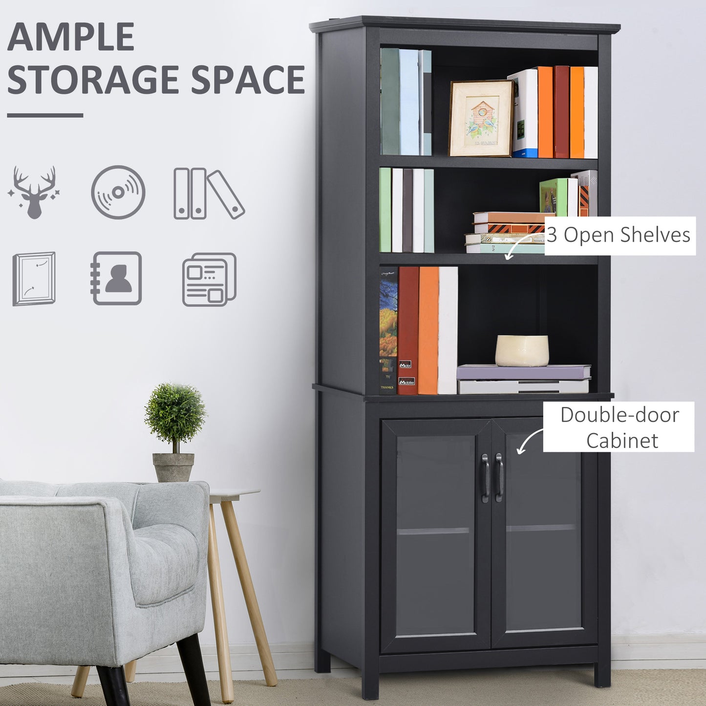HOMCOM Multifunctional Storage Cabinet Bookcase with Adjustable Shelves Display Rack for Study, Kitchen, Living Room, White