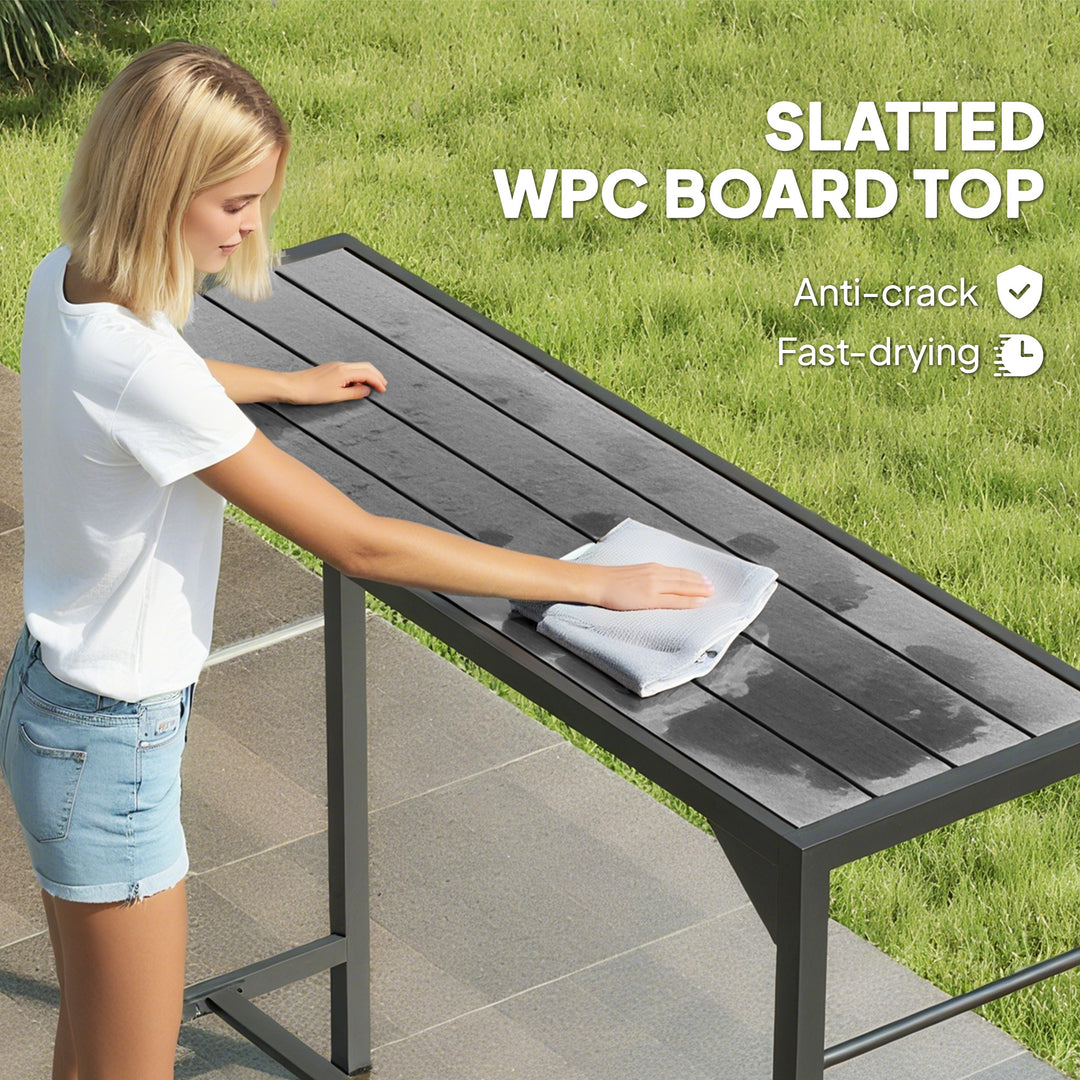 Outsunny Bar Height Outdoor Table with Built-In Bottle Opener, Patio Bar Table with Wood Grain Plastic Top, 47.2" x 15" x 39