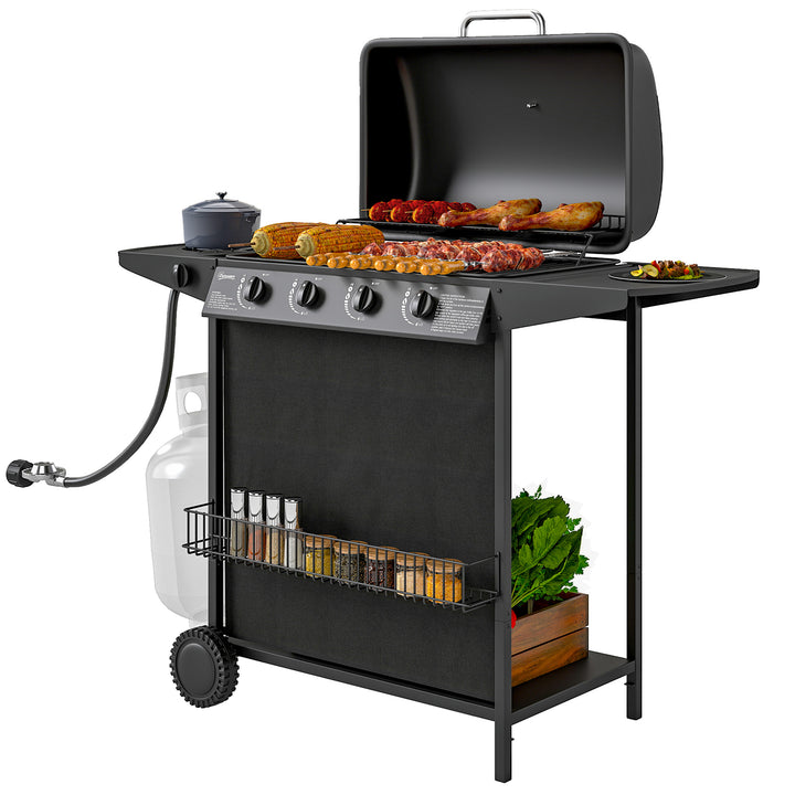 Outsunny 4+1 Burner Propane Gas BBQ Grill, Portable Gas Barbecue Grill with Side Burner, Thermometer, Lid, Side Table, Shelf, Spice Rack, Wheels, Grease Cup for Garden, Black