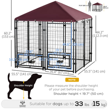 PawHut Outdoor Dog Kennel, Lockable Pet Playpen Crate, Welded Wire Steel Fence, Rotating Bowl Holders, Red