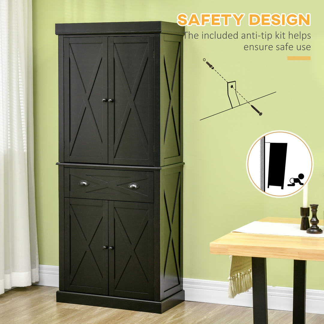 HOMCOM 72.5" Kitchen Pantry Cabinet, Freestanding Storage Cabinet with 4 Doors, Drawer and Adjustable Shelves, Black