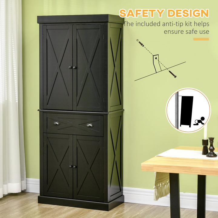 HOMCOM 72.5" Kitchen Pantry Cabinet, Freestanding Storage Cabinet with 4 Doors, Drawer and Adjustable Shelves, Black