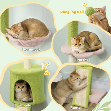 PawHut 87"-94.5" Floor to Ceiling Cat Tree with Sisal Scratching Post, Condo, Hammock, Ramp, Perches, Green