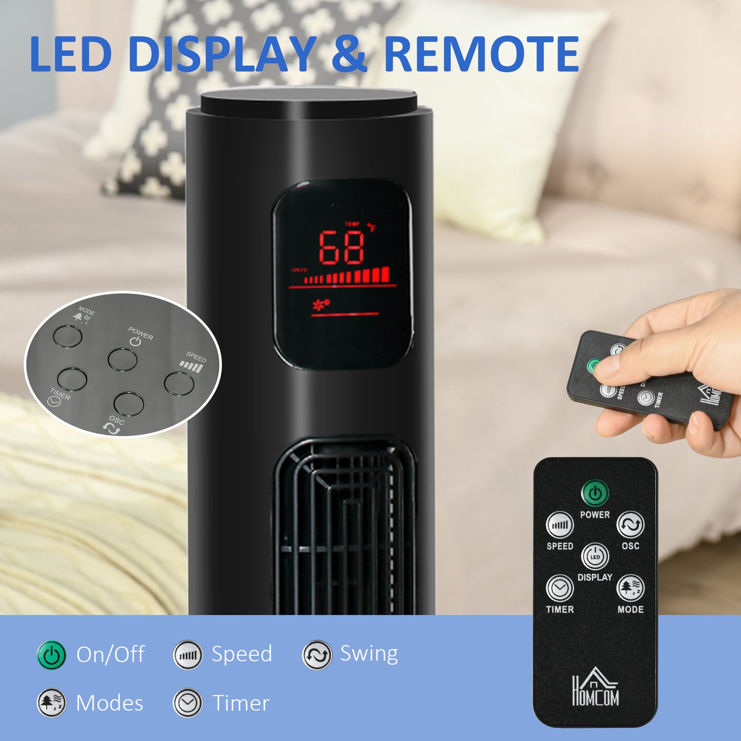 HOMCOM Freestanding Tower Fan Cooling for Home Bedroom with Oscillating, 3 Speed, 12h Timer, LED Sensor Panel, Remote Controller, White