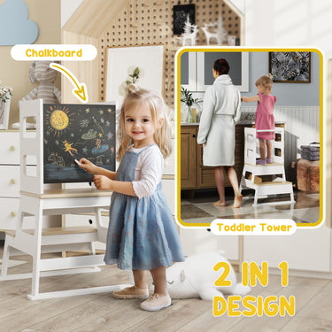 Qaba 2 in 1 Toddler Tower Kitchen Helper w/ Chalkboard, Safety Rail, for Counter, Bathroom, Sink, Kitchen, White
