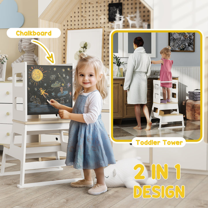 Qaba 2 in 1 Toddler Tower Kitchen Helper w/ Chalkboard, Safety Rail, for Counter, Bathroom, Sink, Kitchen, White