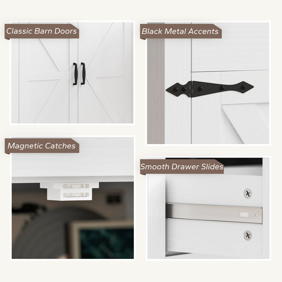 HOMCOM 55" Buffet Cabinet, Farmhouse Sideboard with 1.2" Thick Top, 4 Barn Doors, 2 Drawers and 2 Adjustable Shelves, White