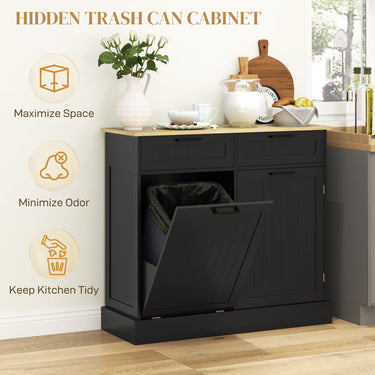 HOMCOM Hidden Garbage Bin Cabinet, Tilt Out Trash Cabinet w/ 2 Drawers, Freestanding Kitchen Island for Laundry, Black