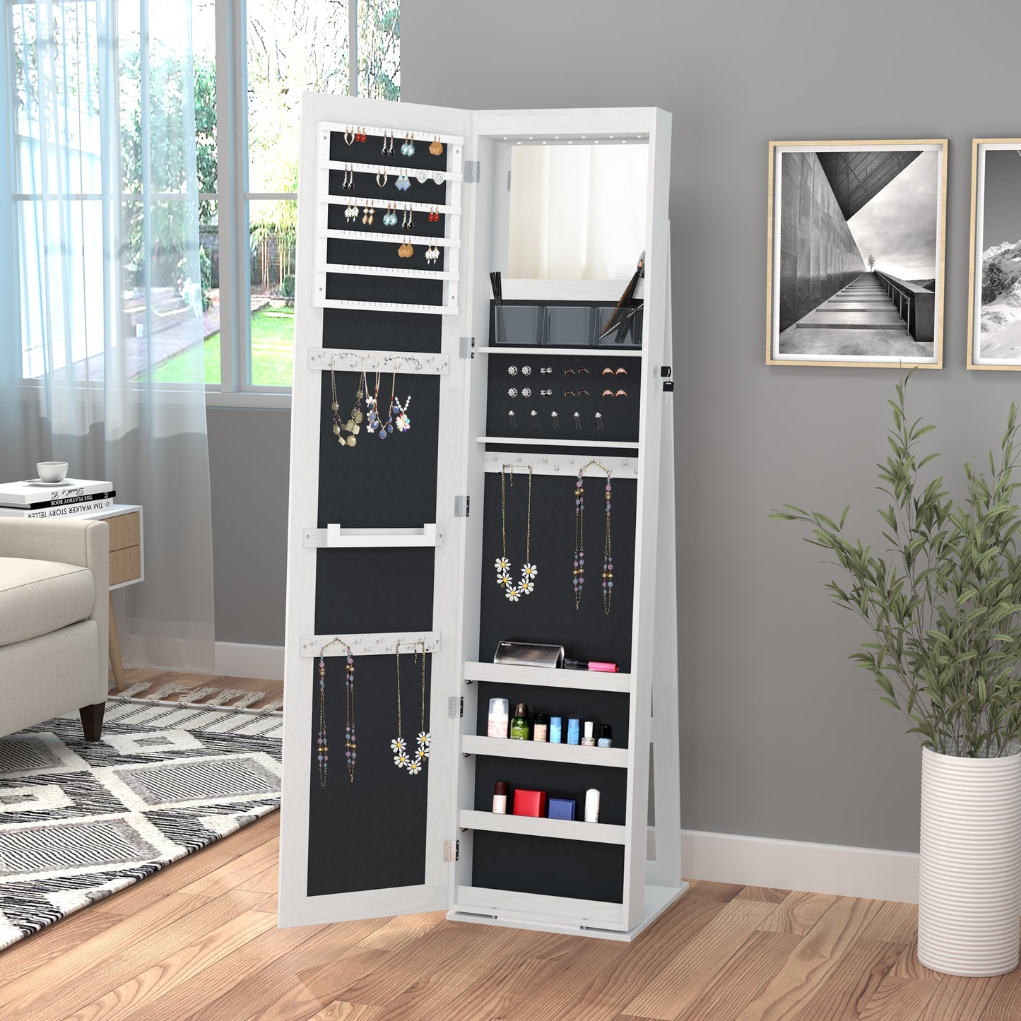 HOMCOM Mirror Jewelry Cabinet Armoire, Lockable Jewelry Organizer with Full-Length Mirror, LED Lights, Standing Jewelry Armoire in White Wood