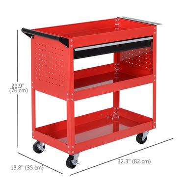 HOMCOM Tool Cart on Wheels, Utility Cart with Wheels, Ball Bearing Drawer, Storage Trays for Garage, Warehouse, Workshop, Red