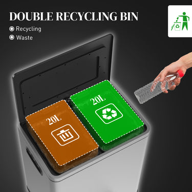 HOMCOM 2 x 20 Liter Garbage Bin, Stainless Steel Garbage Can with Soft-Close Lid and Removable Inner Buckets, Silver