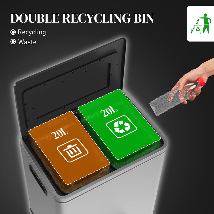 HOMCOM 2 x 20 Liter Garbage Bin, Stainless Steel Garbage Can with Soft-Close Lid and Removable Inner Buckets, Silver