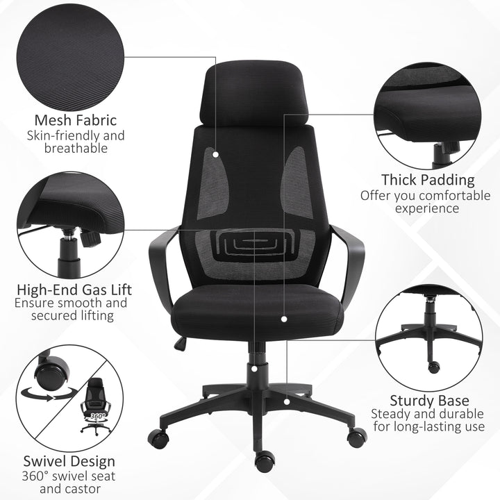 Vinsetto Mesh Office Chair with Up&Down Headrest, Ergonomic Computer Desk Chair with Adjustable Tilt Angle, Height Adjustable Swivel Seat with Lumbar Support for Home Office, Black