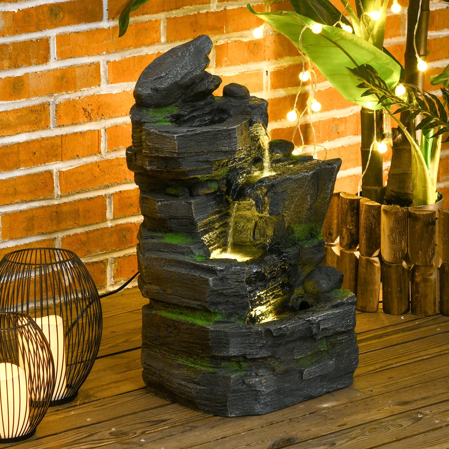 Outsunny 4-Tiered Outdoor Jar and Bowls Water Fountain with LED Lights, Adjustable Flow, 26.4-inch Resin Waterfall Fountain