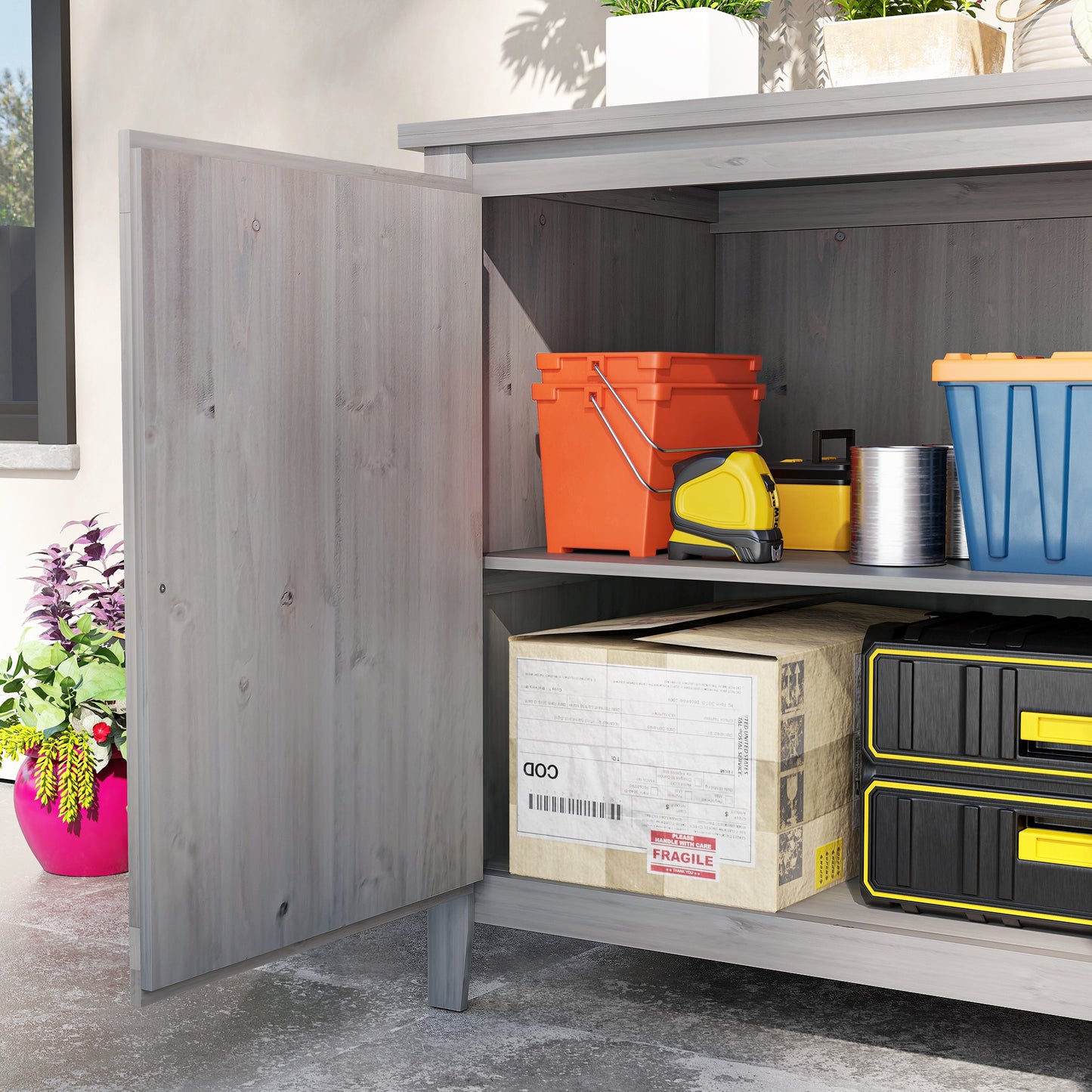 Outsunny Wooden Outdoor Storage Cabinet, Garden Shed Potting Shed with Shelf and Double Doors, Light Grey