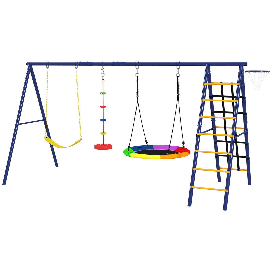 Qaba 6 in 1 Kids Swing Set with 1 Saucer Swing, 1 Belt Swing, 1 Disc Rope Swing, Climbing Ladder and Net, Basketball Hoop