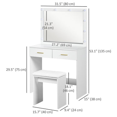 HOMCOM Makeup Vanity Table Set with Stool, Dressing Table with LED Lighting Mirror, Drawers, for Bedroom, White