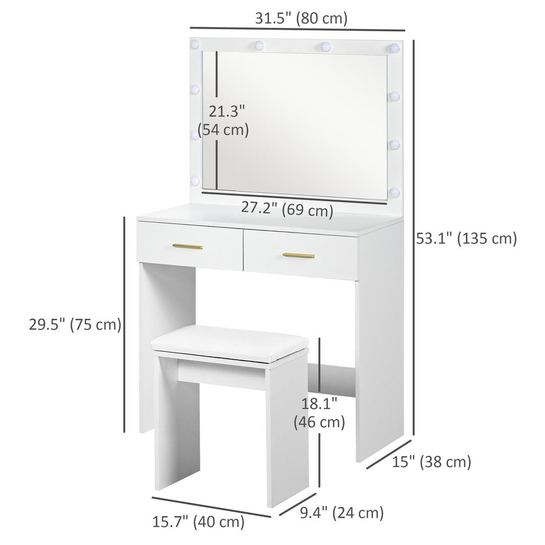 HOMCOM Makeup Vanity Table Set with Stool, Dressing Table with LED Lighting Mirror, Drawers, for Bedroom, White