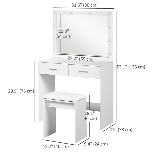 HOMCOM Makeup Vanity Desk Set with Stool, Dressing Table with LED Lighting Mirror, Drawers, for Bedroom, White