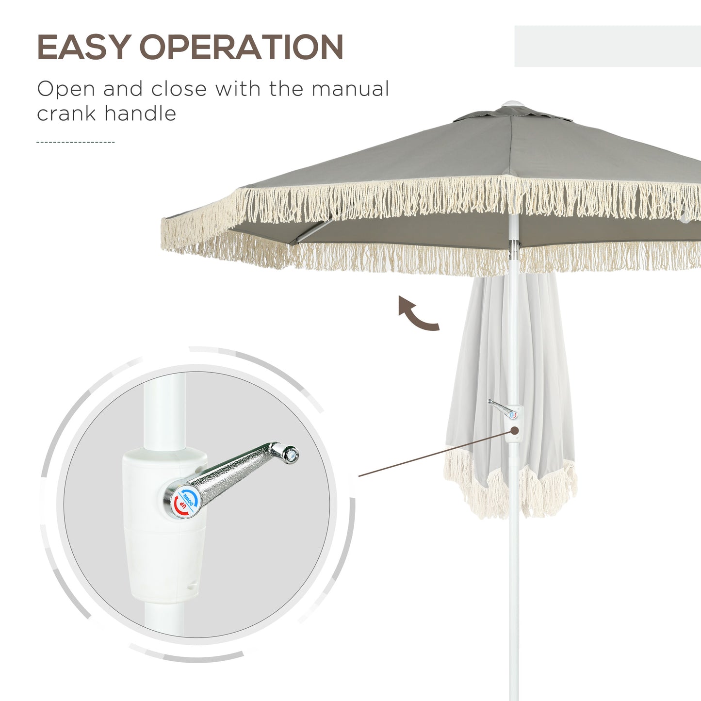 Outsunny 8.7 x 8.7 ft Outdoor Umbrella with Tilt, Vent, Patio Market Table Umbrella Parasol with Fringed Ruffles and Crank, Grey