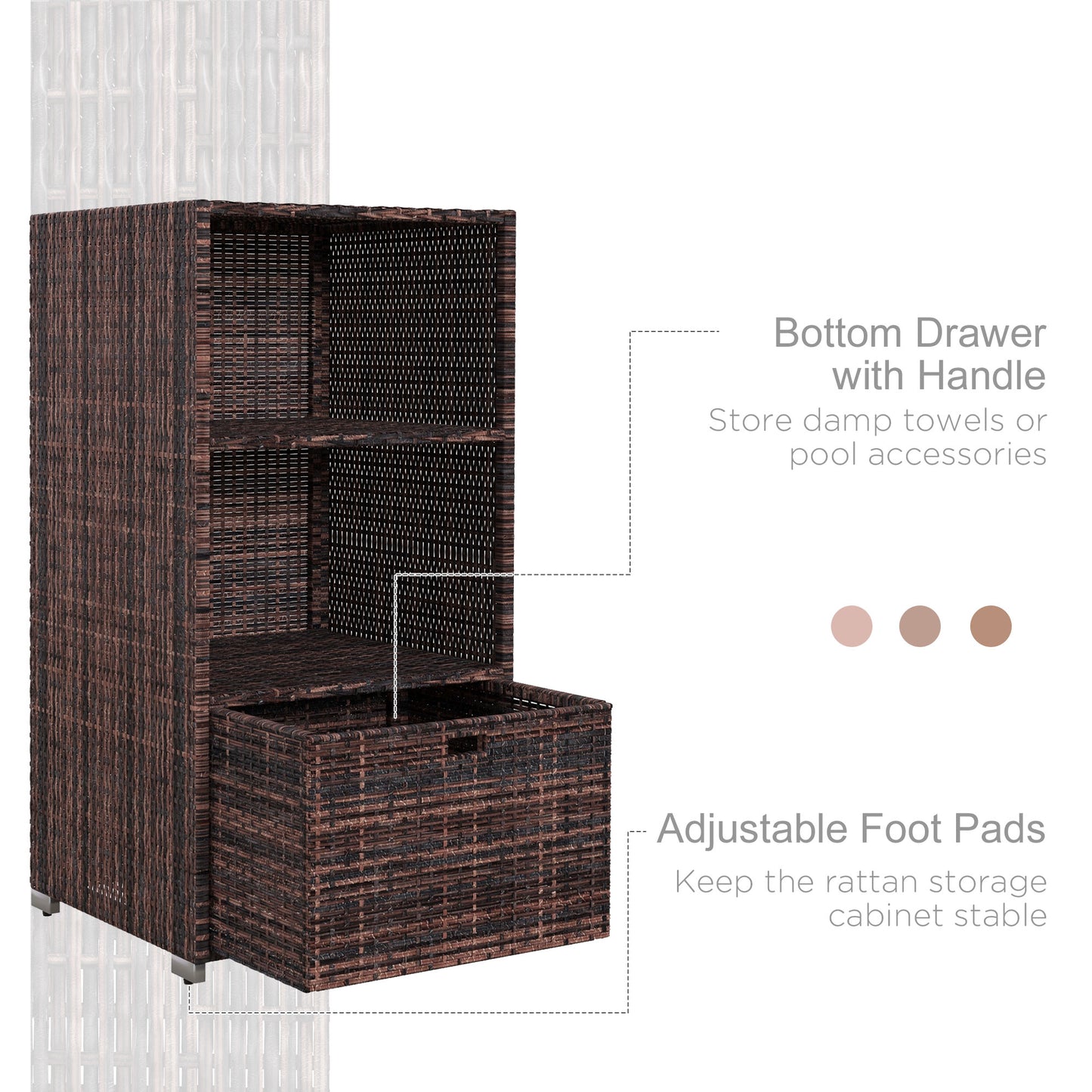 Outsunny Outdoor Storage Cabinet, Patio Storage Box Rack Rattan Wicker Pool Towel Valet Organizer Poolside Garden Lawn Bathroom Furniture Shelf w/ Shelf Drawer, Dark Brown