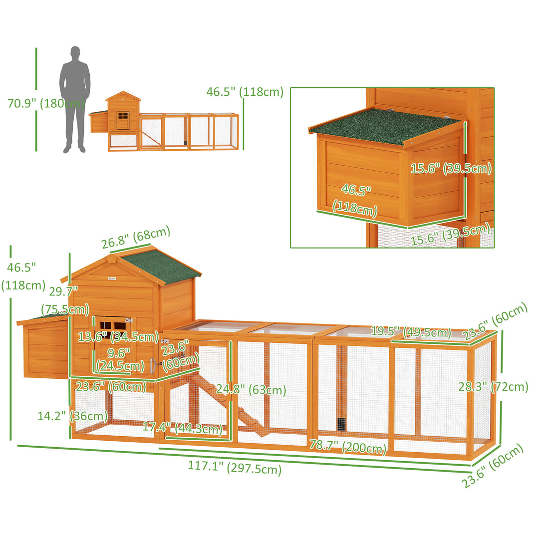 PawHut 117" Extra Large Chicken Coop with Asphalt Roof, Wooden Hen House with Slide-out Tray, Quail Hutch with Nesting Box, Orange