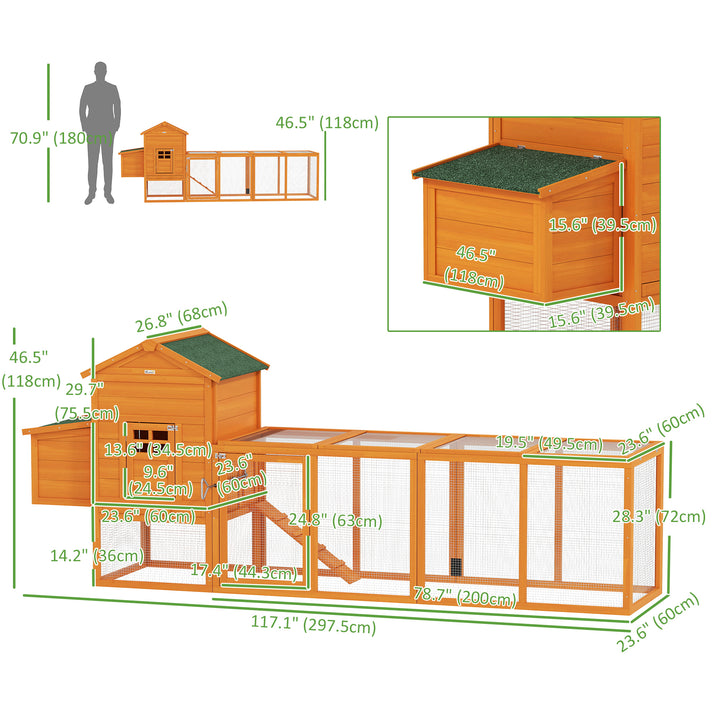 PawHut 117" Extra Large Chicken Coop with Asphalt Roof, Wooden Hen House with Slide-out Tray, Quail Hutch with Nesting Box, Orange