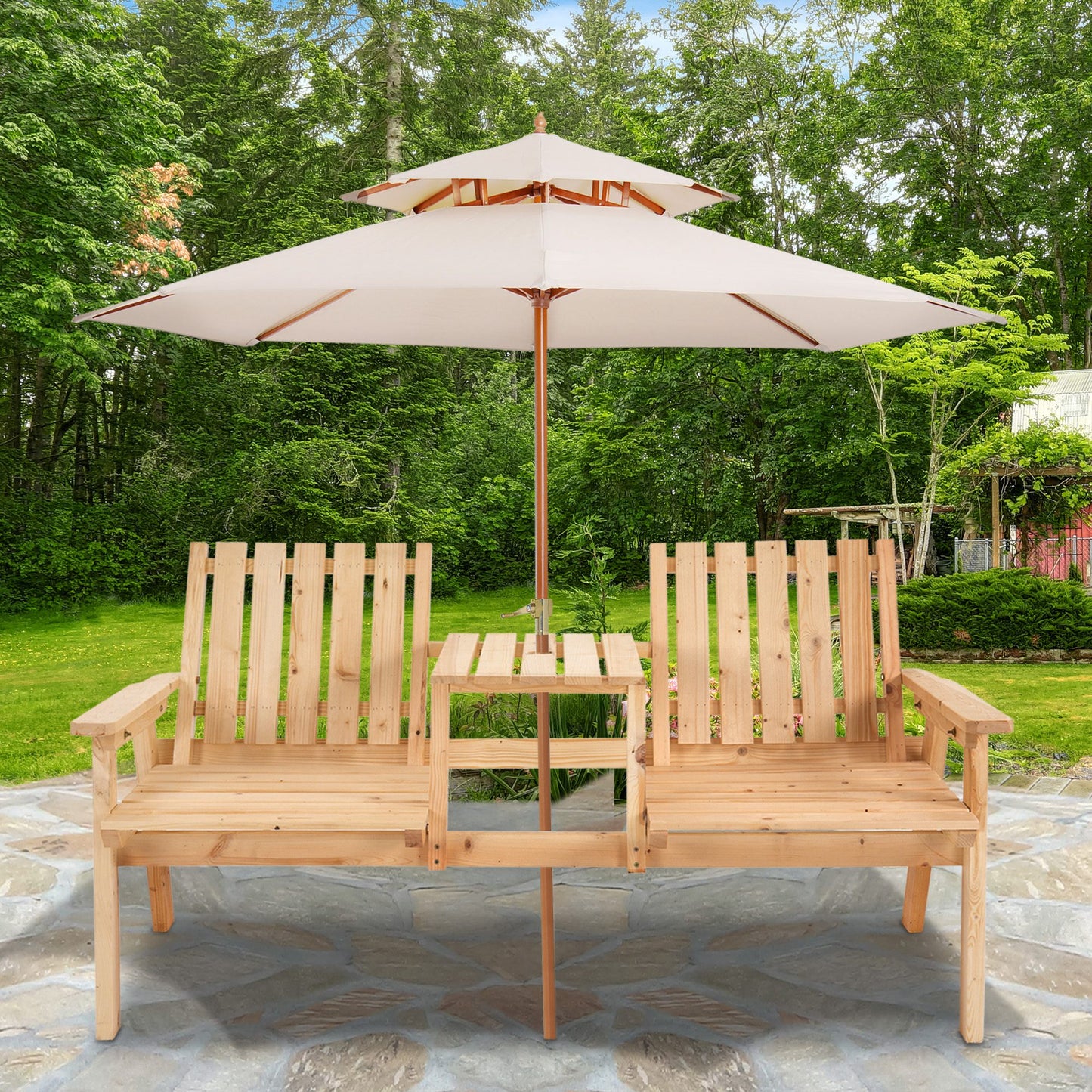 Outsunny Garden Bench for 2 Persons with Middle Table and Umbrella Hole, 2-Seater Outdoor Wooden Bench with Slat Design, Natural