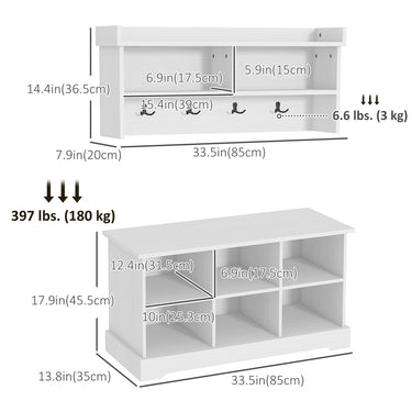 HOMCOM Coat Rack Shoe Bench Set, Entryway Shoe Bench with 8 Storage Cubbies, 4 Hooks for Hallway, Living Room, White