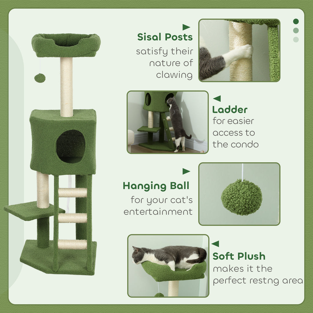 PawHut 47" Tall Cat Tree Tower with Condo, Ladder, Scratching Posts and Hanging Ball, Light Grey