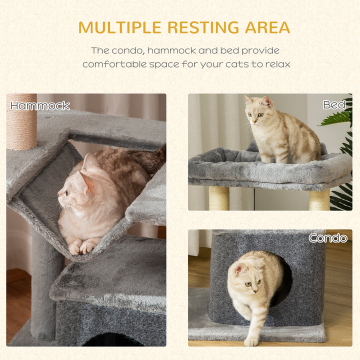 PawHut 39.25'' Cat Tree Tower Multi-Level Kitten House with Scratching Post Condo Hammock Bed Ball Toy - Grey