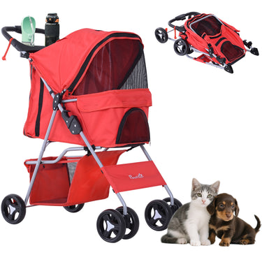 PawHut Pet Stroller Foldable Carrier for Cat, Dog and More 4 Wheels Travel Jogger with Cup Holder, Storage Basket, 360 Â° swiveling front wheels, Easy Fold, Red