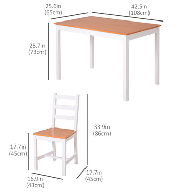 HOMCOM Dining Table Set for 4, 5 Piece Pine Wood Kitchen Table with High Back Chairs, Rectangular Table and 4 Armless Chair, White and Natural Wood