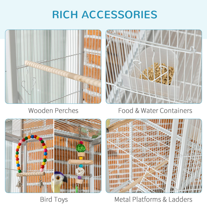 PawHut 71" Bird Cage with Wheels Perches, Ramp, Storage Shelf, Toys for Canaries, Finches, Cockatiels, Parakeets, White