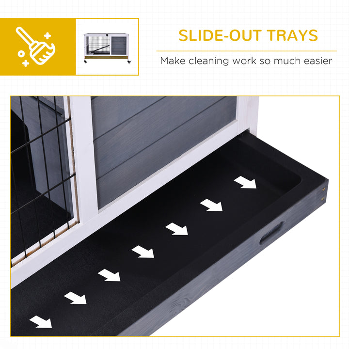 PawHut Wooden Indoor Rabbit Hutch Elevated Bunny Cage Habitat with Enclosed Run with Wheels, Suitable for Rabbits and Guinea Pigs, Grey