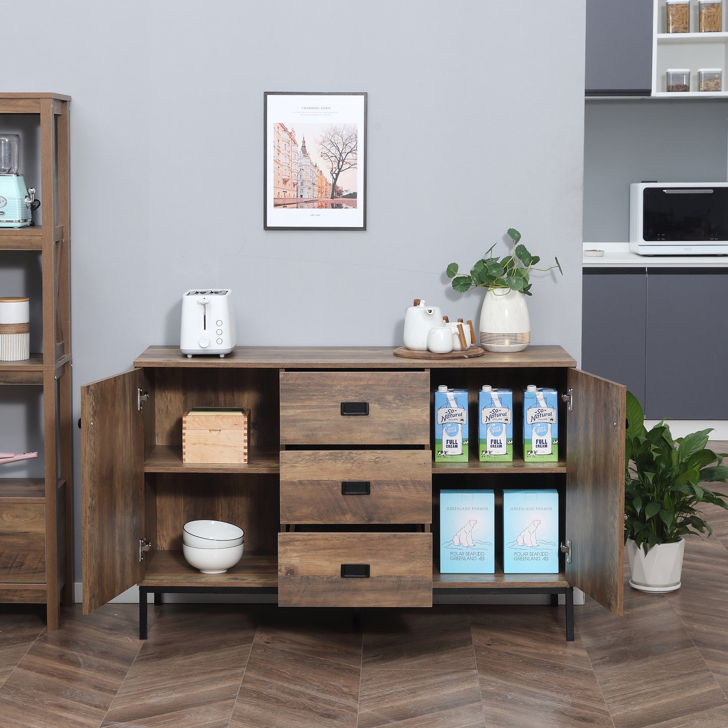 HOMCOM Industrial Sideboard Buffet Storage Cabinet Cupboard with 2 Doors, 3 Drawers and Shelves for Dining Room, Living Room, Brown