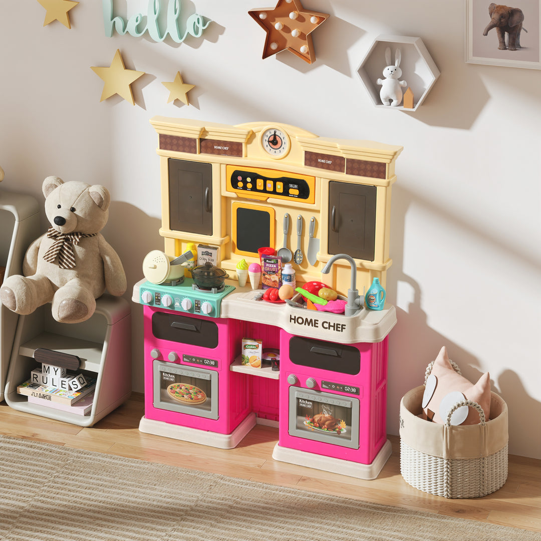 Qaba Play Kitchen Set, Kids Kitchen Playset with Real Lights and Sounds, Sink, Stove, Clock, Accessories, Green