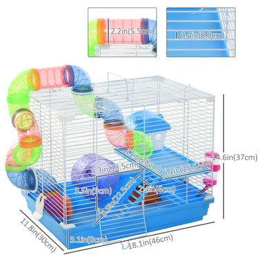 PawHut 18"L Hamster Cage, Small Animal House, 2-Level Rat Gerbil Haven with Tunnel Tube System, Exercise Wheel, Water Bottle, Food Dish, Ramp, Blue