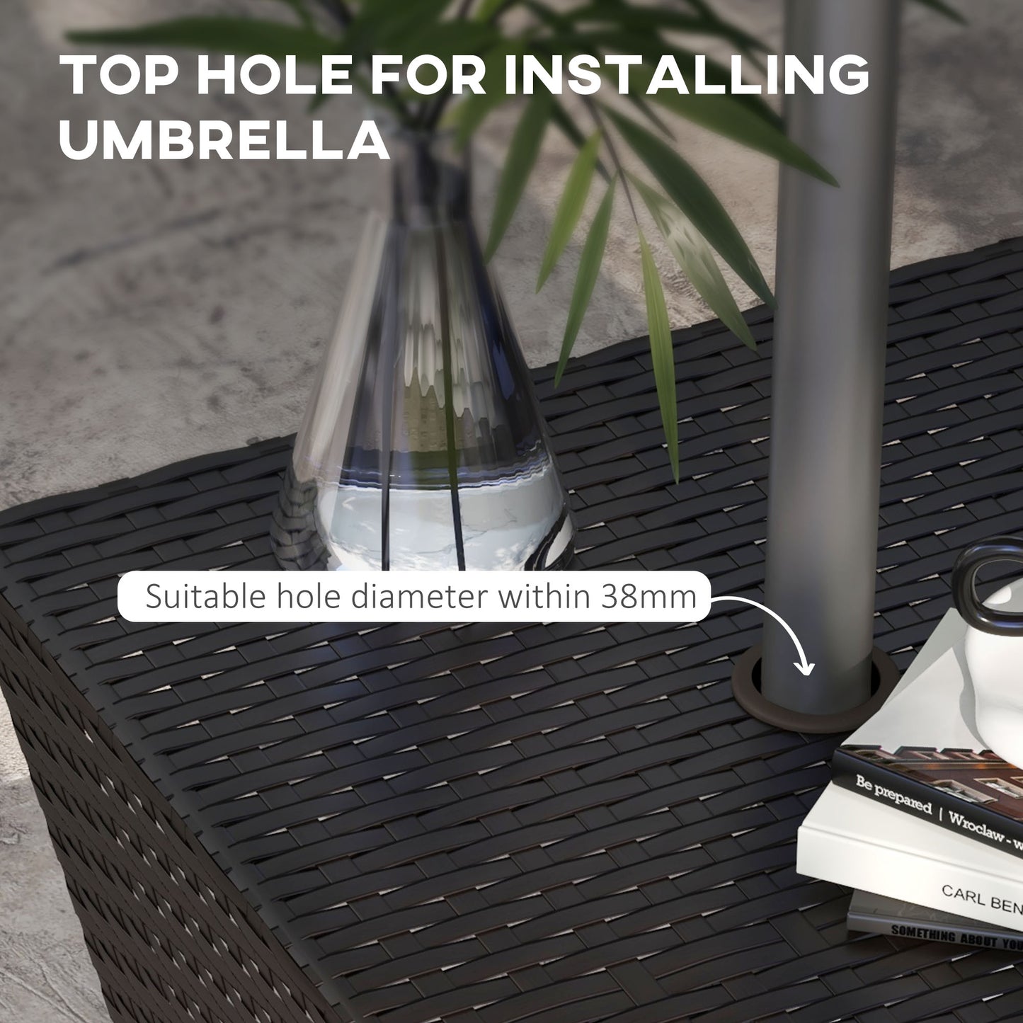 Outsunny Rattan Wicker Side Table, 21.3" Square Outdoor End Table with Umbrella Hole 2-Tier Storage for Patio Garden Mixed Brown