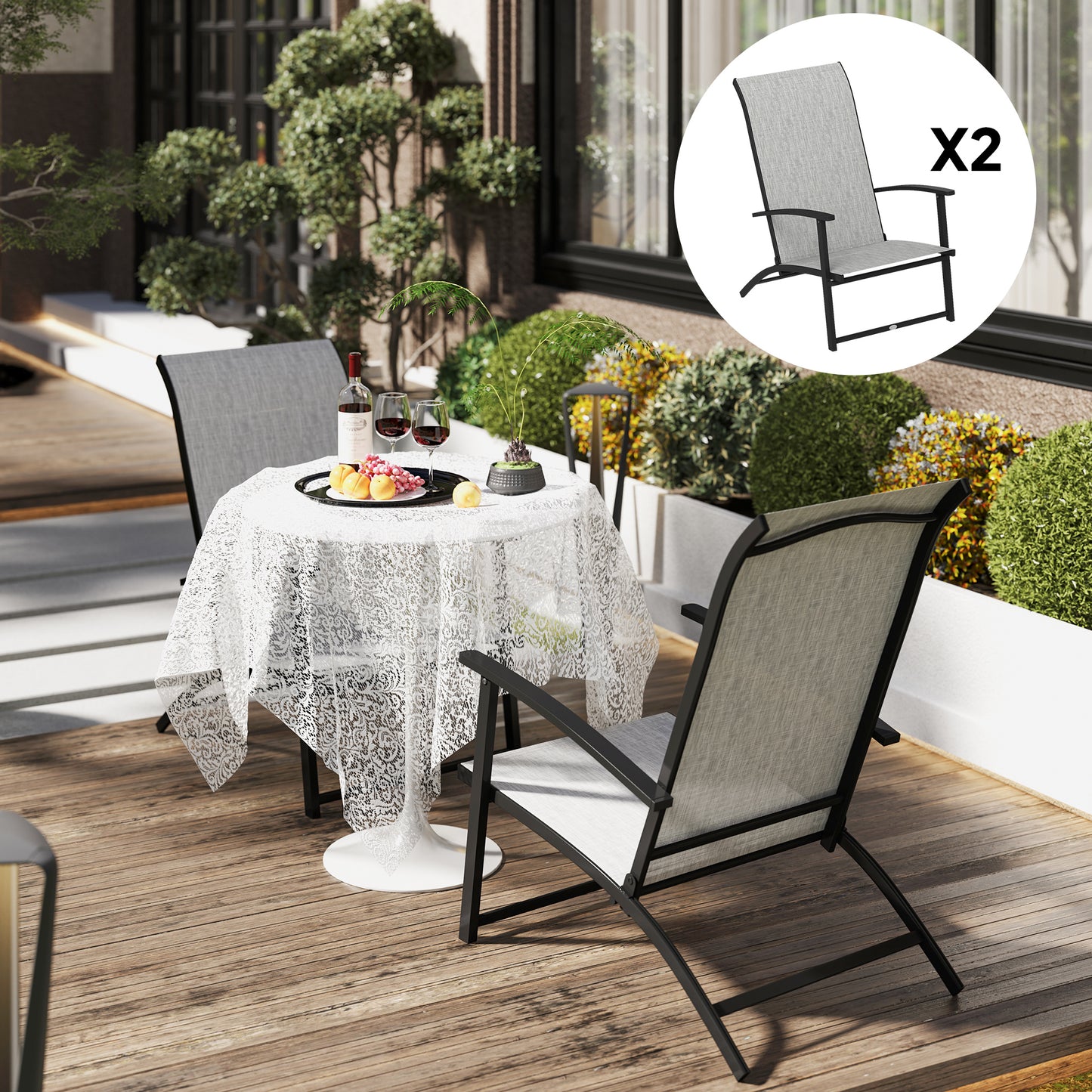 Outsunny Set of 2 Folding Lawn Chairs, Outdoor Folding Chairs with Armrests, High Backrest for Backyard Balcony, Grey