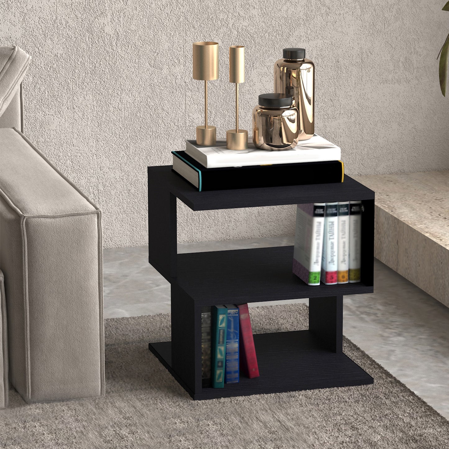 HOMCOM Modern Square 3 Tier Wood Coffee Side Table Storage Shelf Rack End Table Home Office Living Room Small Desk Black