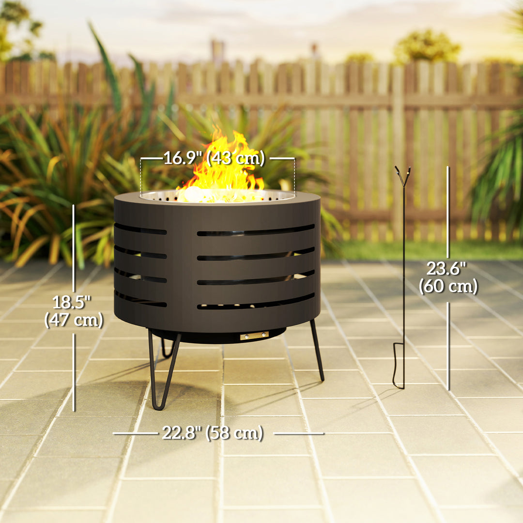 Outsunny Round Fire Pit with Fire Poker, Portable Wood Burning Firepit with Ash Tray and Hairpin Legs, Outdoor Fireplace, Black